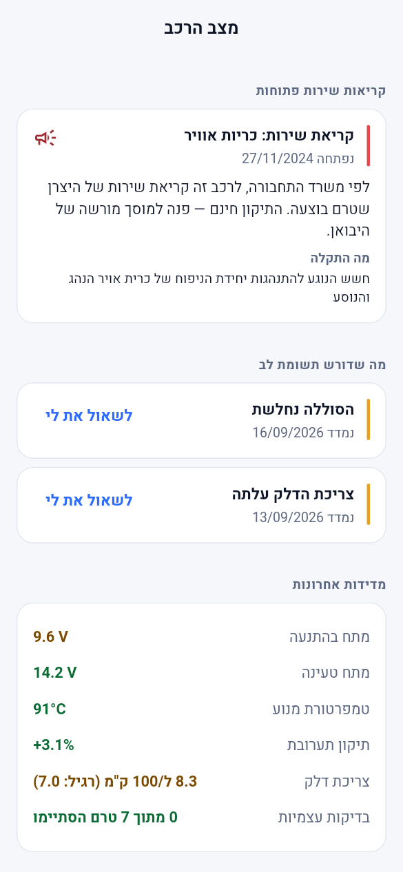 מסך מצב הרכב: ריקול פתוח, מצבר שנחלש ומדידות אחרונות